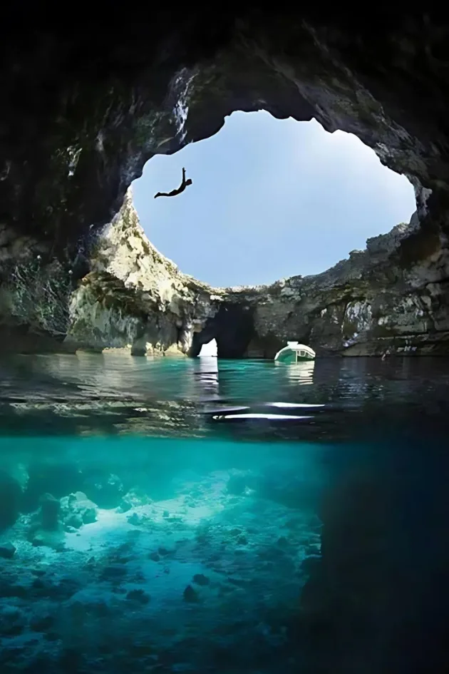 The open sea cave and clear water of the Coral Lagoon