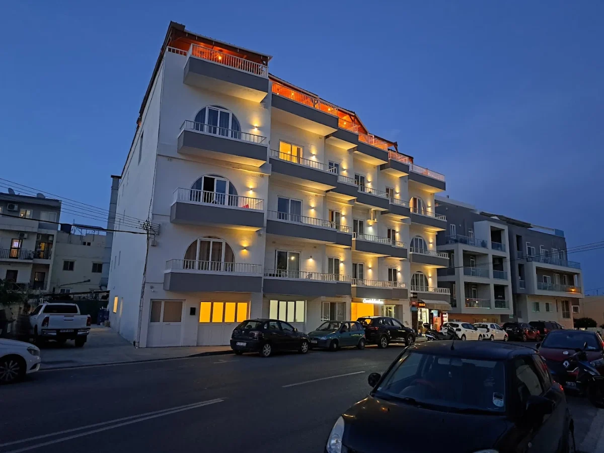 Cerviola Hotel lit up at dusk on Triq il-Qaliet, Marsaskala
